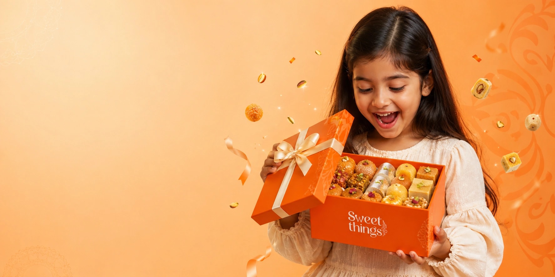 A girl opening a Sweet Things gift box full of fresh mithai